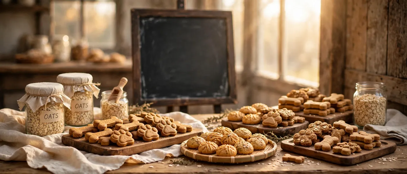 Bakery counter with trays of homemade dog treats